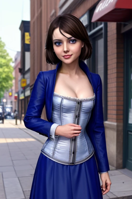 (masterpiece, best quality:1.2), Elizabeth, 1girl, solo, looking at viewer, blue cropped jacket, white corset, cleavage, short brown hair, blue skirt, blue eyes, sexy smirk, Columbia city background, 