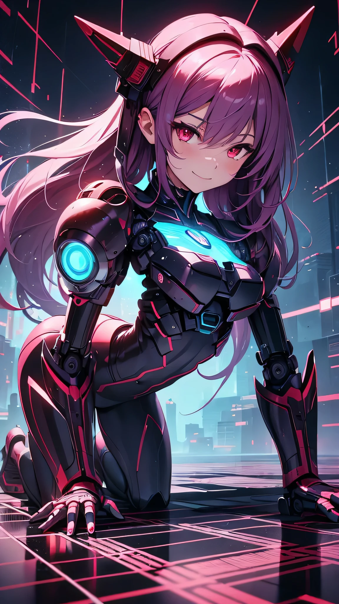 最high quality、best image quality、masterpiece、android girl((18-year-old、 By becoming、vest bust、medium bust,wide open breast tea、red glowing eyes, water hair、messy hair、long hair、thin,highest valley、Blue robot body、Shiny red body、Close ~ eyes、attack、Show the whole body、robot arm、robot feet、villain、evil smile、crawl on all fours、bad smile、laugh loudly)),high quality、beautiful art、background((dark bio facility、dark room、Infrared Sensor、red lighting))、Flight、debris flies、Depth of written boundary、movie、visual art、perfect art、8K,genuine、