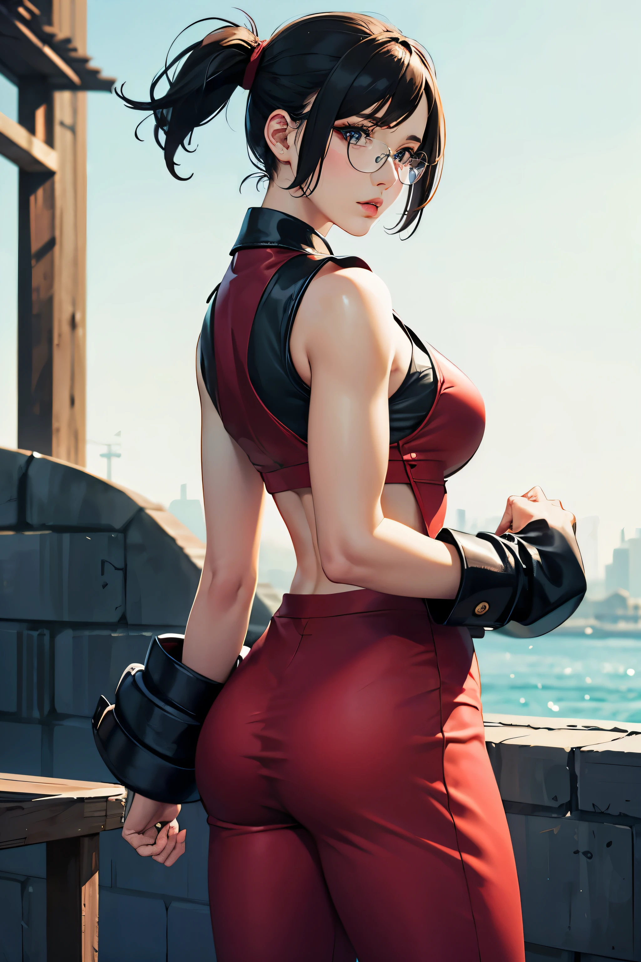 Wide angle shot, rear view, beautiful female street fighter, wearing large glasses, black undercut hair, wearing large steel knuckles