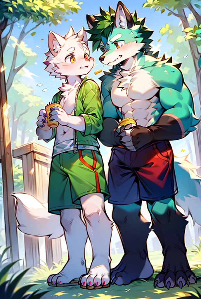 Giant Anthropomorphic Jolteon Pokemon Man, Purple Eyes, Muscular, Looming over the viewer, Tired, Handsome, Charming, View from below, Daddy, Bara, Horny, Flirty, Older Brother, Four toed feet, teasy, teasing the viewer, Macro, Bully, Jock, flirting with tiny viewer, Floral Swimshorts