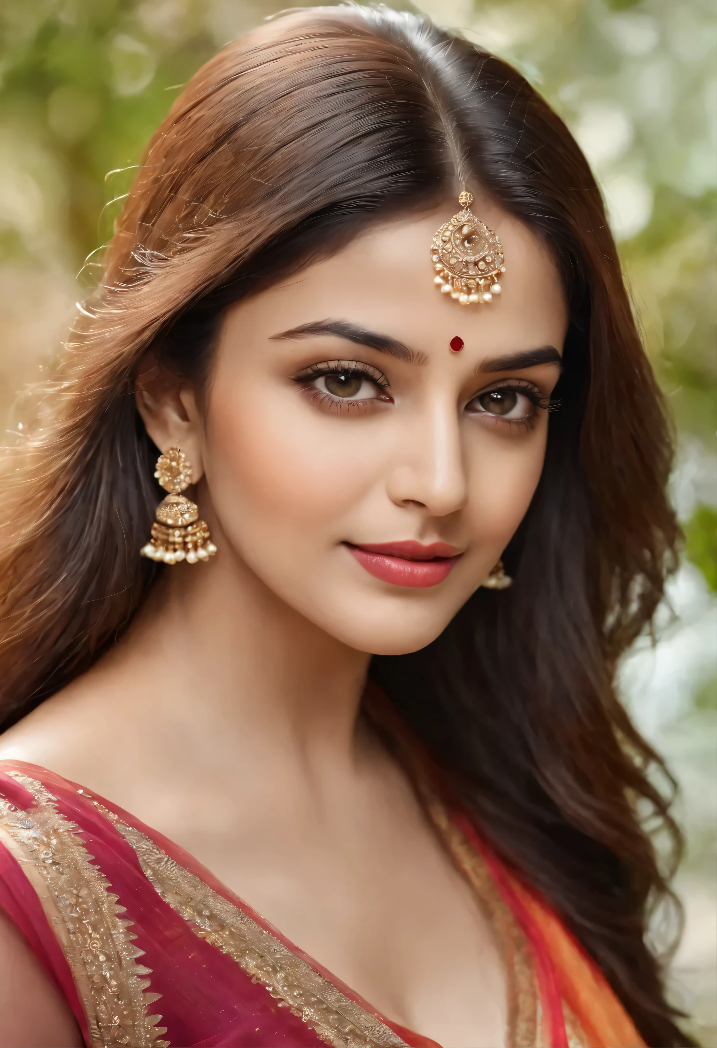 (best quality,4k,8k,highres,masterpiece:1.2),ultra-detailed,(realistic,photorealistic,photo-realistic:1.37),portrait,beautiful detailed eyes,beautiful detailed lips,extremely detailed eyes and face,longeyelashes,Indian beauty,Aishwarya Rai Bachchan,graceful,distinguished features,charming smile,milky complexion,expressive eyes,golden-brown hair,sleek and shiny,straight hair,traditional Indian attire,ornate jewelry,sparkling earrings,delicate necklace,brightly colored silk saree,enchanting background,flower garden,blooming flowers,vibrant colors,cascading water fountain,sunny day,natural sunlight,soft and warm lighting,ethereal atmosphere, wearing sports bra