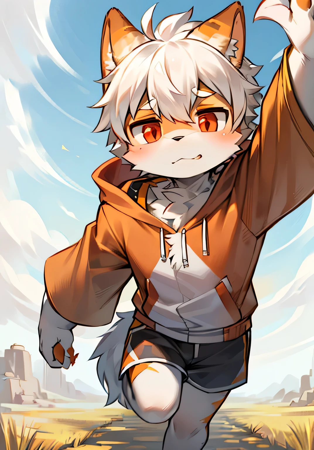 Eyes are bright,panoramic,Character focus,solo,hairy,hairy male,male focus,Hana charcoal,(Full body fur,hairy tail,off-white fur,orange-red eyes,white hair,Orange coat,gray shorts:1.2)background grassland,Running on the steppe,juvenile