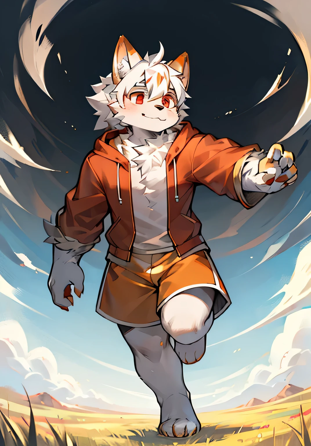 Eyes are bright，panoramic，Character focus，solo，hairy，hairy male，male focus，Hana charcoal，（Full body fur，hairy tail，off-white fur，orange-red eyes，white hair，Orange coat，gray shorts：1.2）background grassland，Running on the steppe，juvenile