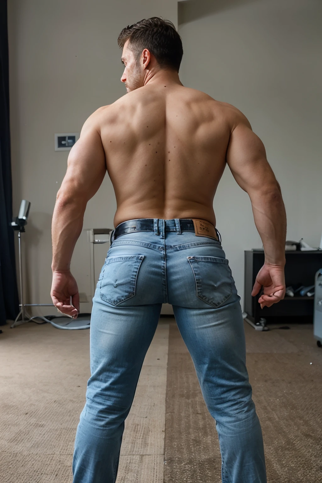 muscular manly man bald with beard, 45 years old, full body bent over with his back turned, naked blue white jeans.