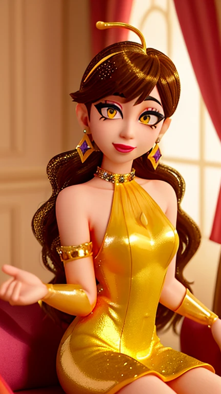 Background Cabaret、Yellow glittering dress style、long glitter earrings、He is sitting on the sofa and serving customers.、Hair color is brown with mesh、Two heads long、