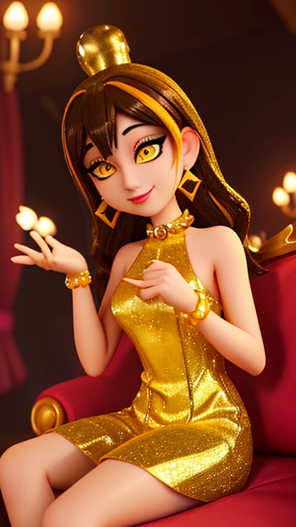 Background Cabaret、Yellow glittering dress style、long glitter earrings、He is sitting on the sofa and serving customers.、Hair color is brown with mesh、Two heads long、