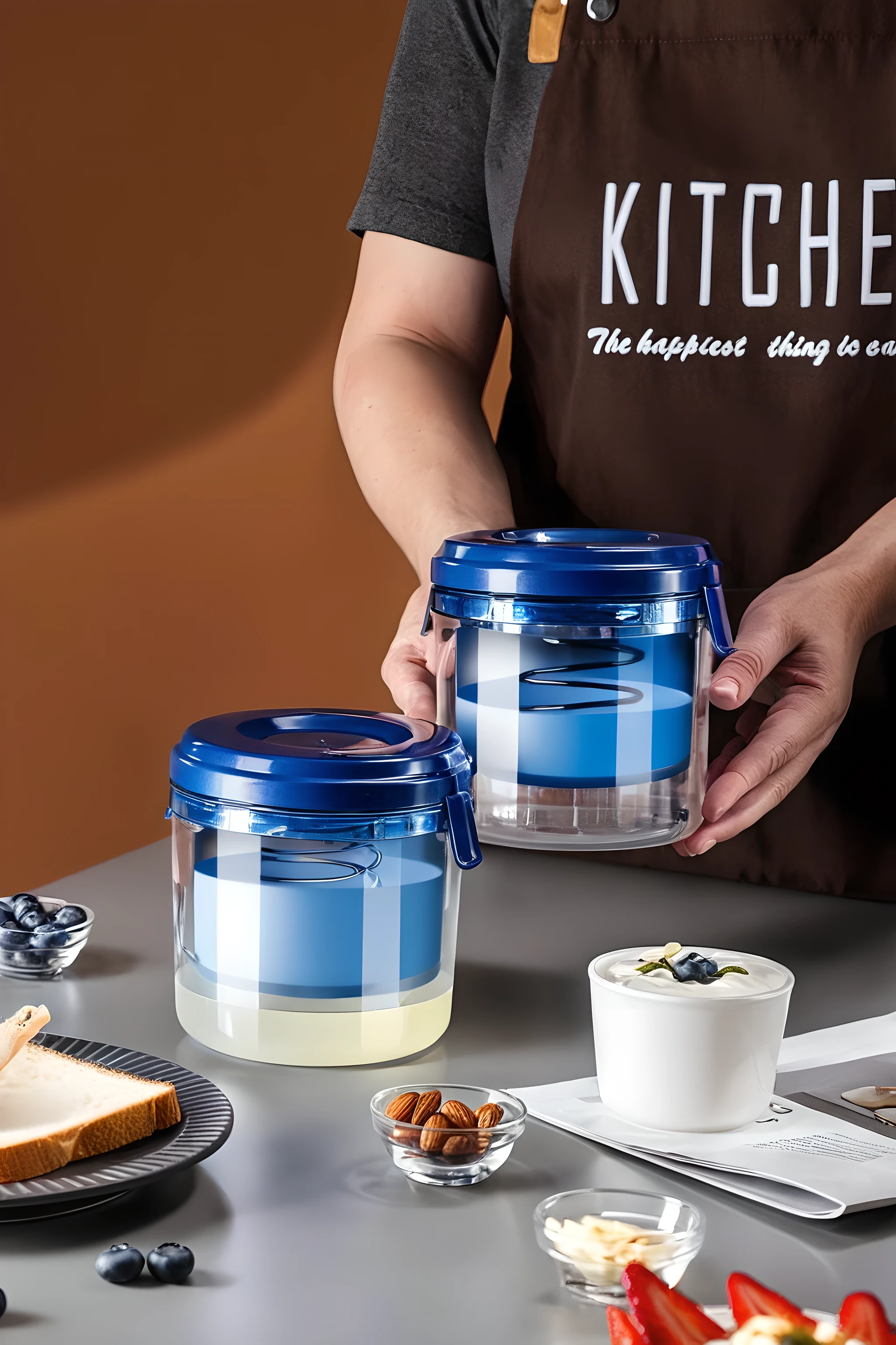 Design a living kitchen scene with a bright plastic container of high transparency as the focal point, which boasts an unblemished plastic blue lid. The smoothness of the glass is extremely high, reflecting soft light. It is clean and free of any stains, showing the purity and high-end of glass products. The plastic cover has a strong glossy texture, and its high-gloss spots accurately reflect the ambient light, making its high-quality material immediately recognizable. The light yellow liquid inside the container looks particularly attractive. The scene also includes some gloriously shiny blueberries, fresh and flawless, and sliced ​​bread. Also included in this image should be a small cup of the same smooth and flawless texture of yogurt mixed with colorful fruits, and a small bowl of flawless almonds. The entire background is a warm brown tone, reinforcing the cozy feel of home and homemade food. This scene not only calls out the importance of a healthy lifestyle, but also showcases the beauty and satisfaction of homemade food.