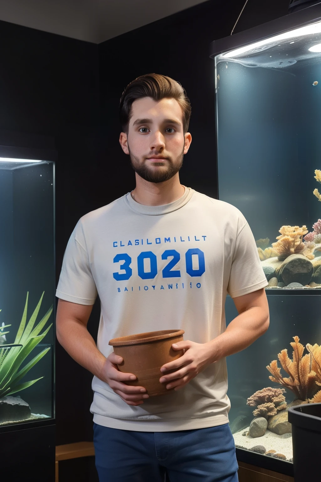 Sowell Bay, Washington, 2023. A young ((((30-year-old)) Cameron Cassmore)), working in the acuarium museum, carrying a big bucket, ((frustrated expression)), ((((casual clothings from the 2020s)))), ((hairstyle of the 2020s)) 