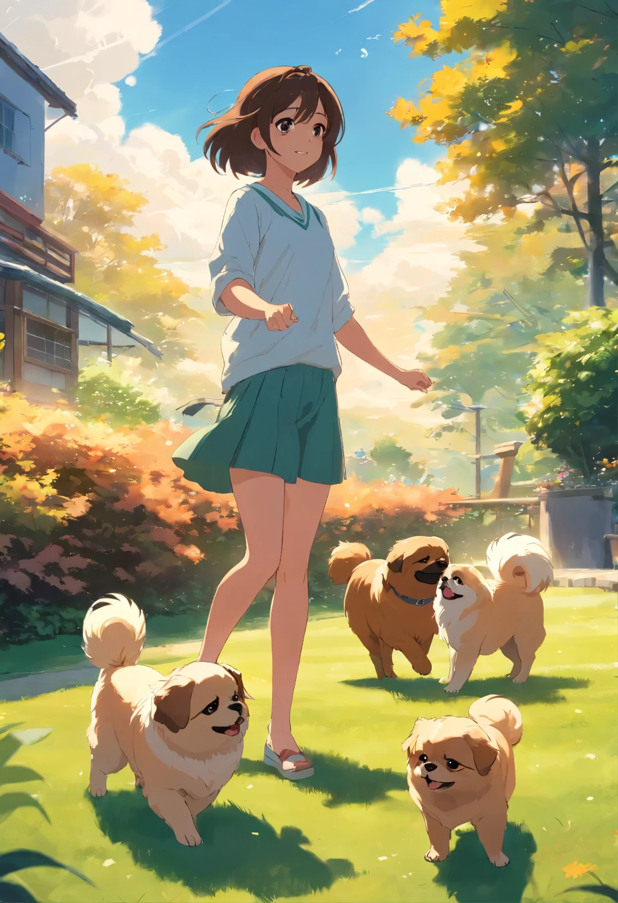 Girl playing on the lawn with 3 Pekingese dogs (2 white and 1 brown)