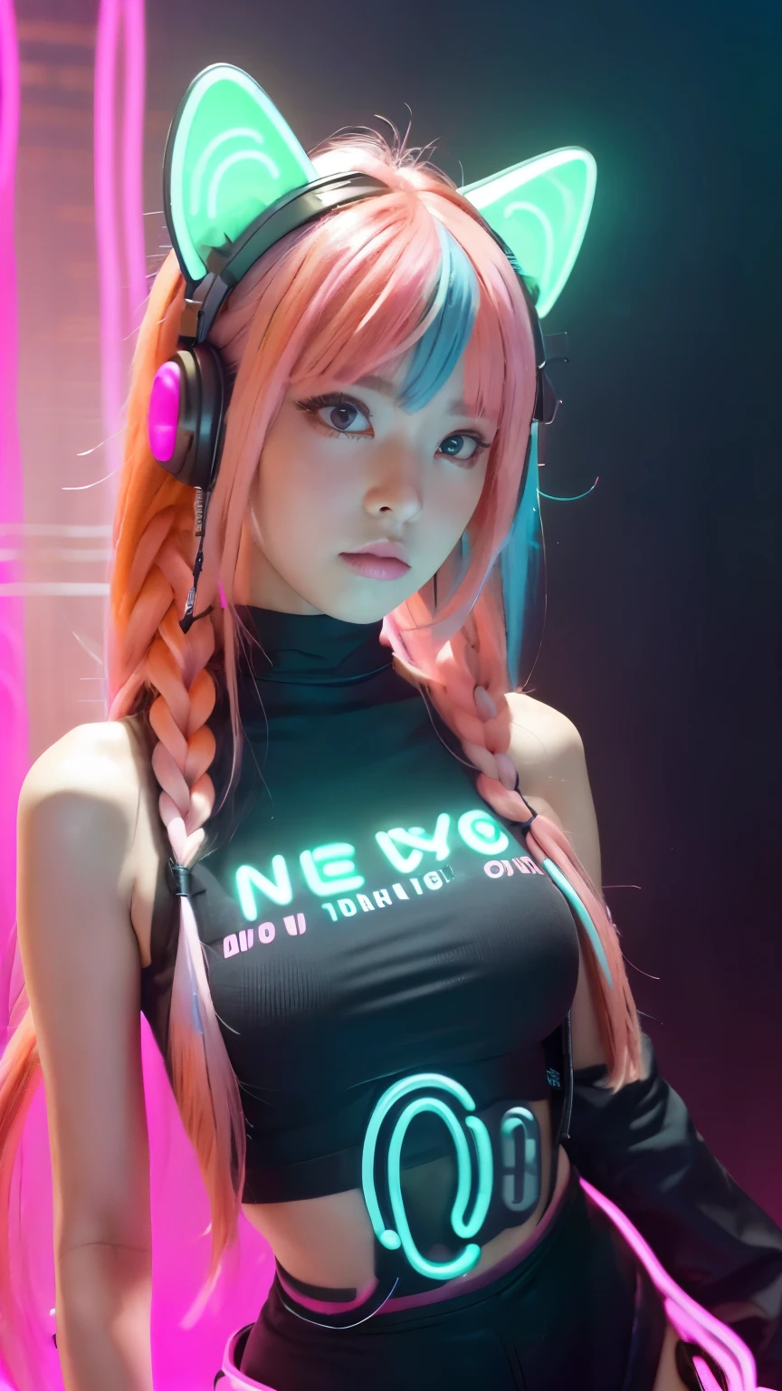 masterpiece, highest quality, Photorealistic, 4K, bokeh, enlightenment, (1 perfect portrait of a girl), (A fascinating eye for perfect detail), colorful hair, (gradient hair), (neon pink hair:1.6), (Cat ear:1.2), Slim and tall body type, fantasy background, {exposed bare shoulders}, {long-term alienation_sleeve}, {lean forward a little}, If you look up, hair ornaments, {shy} , Little head tilt, , movie lighting, oversized clothes, ((seductive pose)), (neon pink background:1.6)