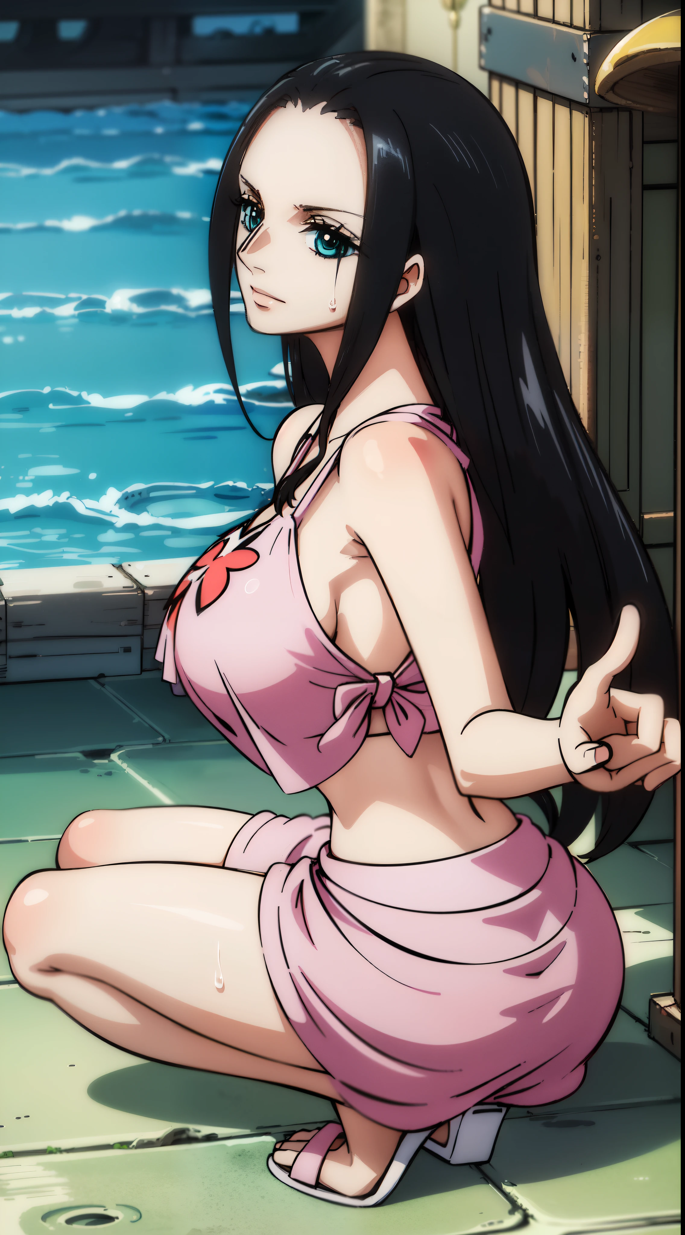 ((masterpiece, Best Quality, high resolution, Perfect Pixel, 8K))), ((1 girl、full body seen))、 ((Bangs、gorgeous black hairs、Nico Robin))、((Gorgeous black eye、Beautiful eyelashes、Realistic blue coloured eyes))、 ((Detailed face, Blushing:1.2))、((Smooth texture:0.75, Realistic texture:0.65, Photorealistic:1.1))、Dynamic Angle、(perfectly insanely detailed eyes、glistening sweat、boushed face、happy face、laughing happily、pink cheeks、((wearing salmon sarong skirt、pink top、Squatting in the ship floor、background ocean、hands holding back on the hair、showing armpits))、tounge out mouth open、licking、ultra realistic eyes、ultra insanely detailed eyes、talking to audience happily、(beautiful portrait、ultra high definition、 insanely detailed face、ultra high quality、ultra high clarity)、insanely detailed dress、curvy body、white skin、best clarity、ultra highest resolution、8k resolution、beautiful smile、beautiful eyelashes、gorgeous face、gorgeous representation of a face、perfect body、erotic look on face、dynamic lightning、(innocent big eyes)、Bright_Front_face_Lighting、shiny skin、Full body shot、