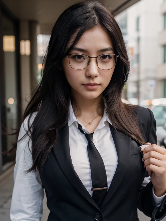 1 girl, Fuyutsuki Mio, Body Perfect, ultra details, best quality, detailed, perfect face, 70mmlens, business suit sexy, body sexy, wearing glasses, black hair, long hair, brown eye