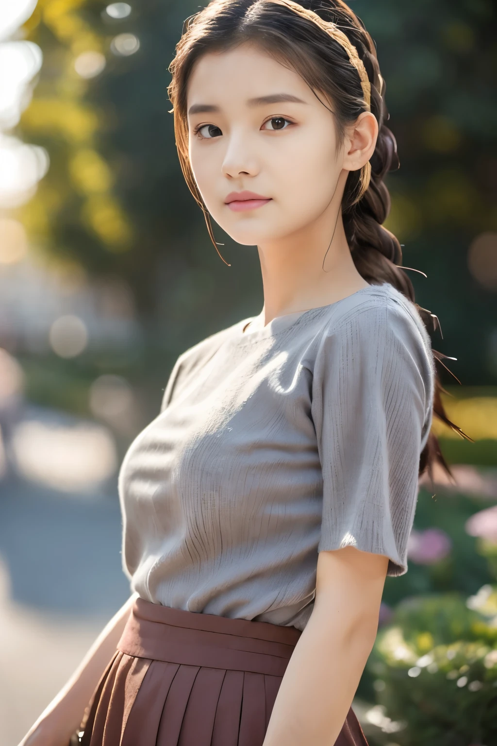 1girl , Wearing (Grey knitted shirt、Red bean-colored long skirt、), (Lighting-Gold:1.3), (masterpiece) (Photorealistic:1.7) (Best Quality),braided ponytail, hairclip, bokeh, Canon, UHD, masterpiece, anatomically correct, textured skin, high details, high quality, 8k