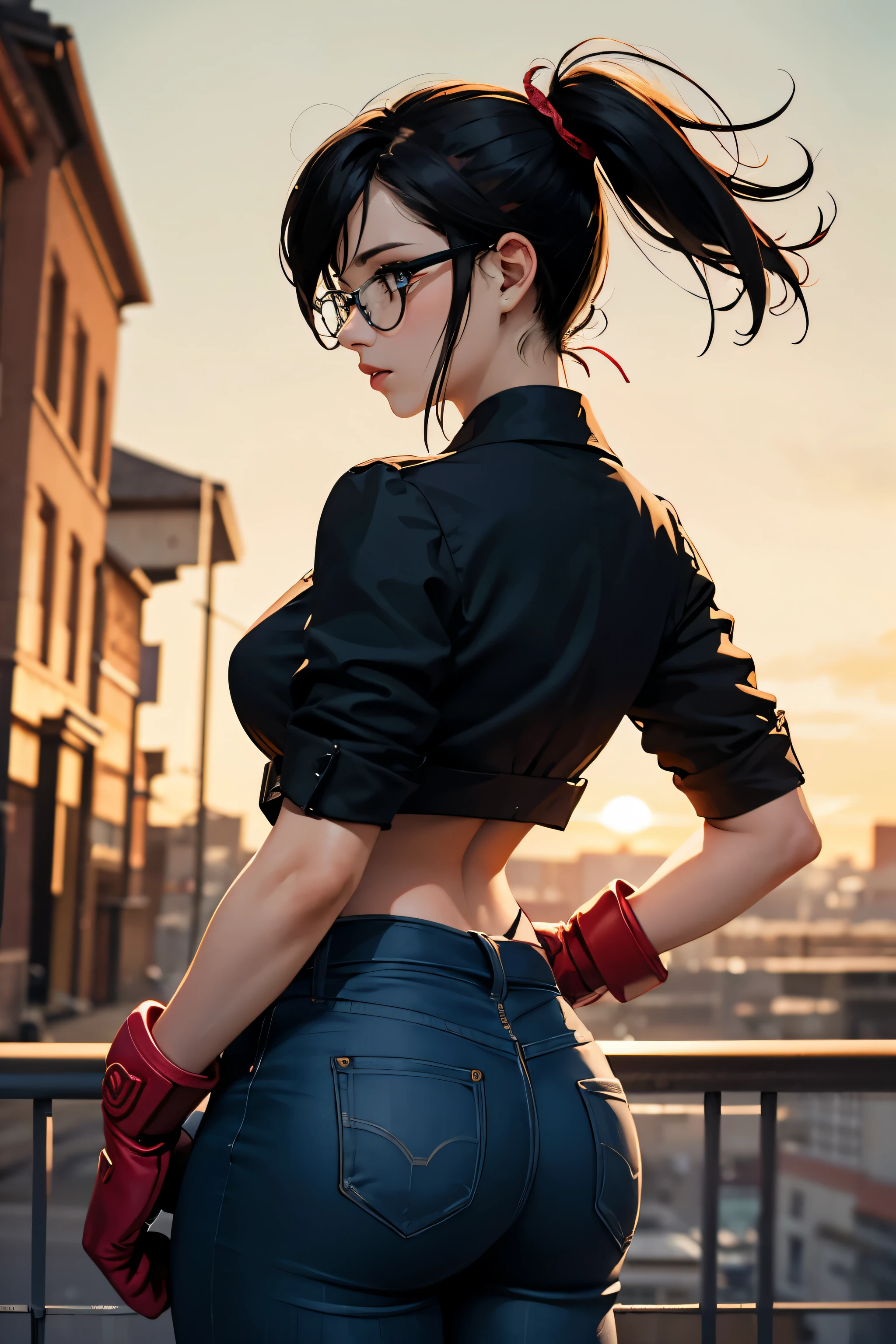 Wide angle shot, rear view, beautiful female street fighter, wearing large glasses, black undercut hair, wearing large steel knuckles