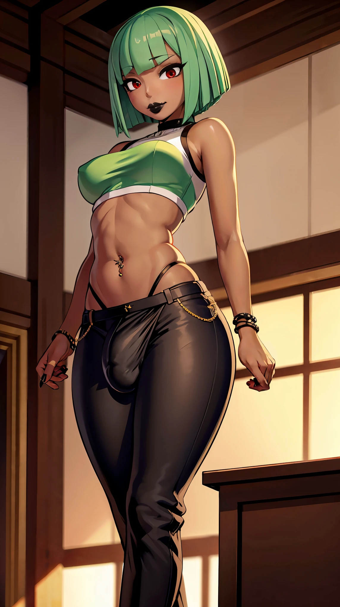 (solo:1.1),(masterpiece), (best quality:1.3), highly detailed, intricate, professional art, digital art, absurdres, confidant, emerald sustrai, futanari emerald sustrai wearing a white and green leotardwith arm gloves and pants confidently posing clutching-crotch indoors, (pants:1.6), 1girl, solo, (dark skin:1.4), green hair, bob hair, gold hoop earrings, gold jewellery, ab lines,(gold navel piercing:1.1), detailed stomach, red eye colour, dark skin, average , (aroused:1.2), (futanari:1.1), (wide :1.4), (makeup 1:1), beestung lips, (black lipstick:1.3),  bulge,  straps riding , ( bulge:1.4),  bulge,  bulge , furniture, fontal view, universal lighting
