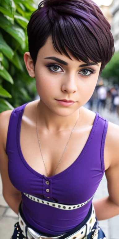 Photo of a 17-year-old European girl, .RAW, very beautiful woman,pecas en mejillas ,hermosos  ojos azules(Light brown hair pixie haircut),corte de cabello pixie ((retrato)), ((Cara detallada:1.2)), ((detailed facial features)), (Piel finamente detallada), pale skin,parque, Noria de Londres、Purple sleeveless t-shirt with skull image ,senos grandes , lilac skirt with checkered images, Loose white belt, long boots with heel ,lindo maquillaje, Purple eyeshadows on eyelids ,Un sexy(cold color), wet, wet, Reflectores, (Masutepiece) (proporciones perfectas)(fotos realistas)(La mejor calidad) (Detallado) fotografiado con una EOS R5 de Canon, Lente de 50 mm, f/2.8, NffSW, (8k) (papel tapiz) (cinematographic lighting) (dramatic lighting) (sharp focus) (Enrevesado) moda