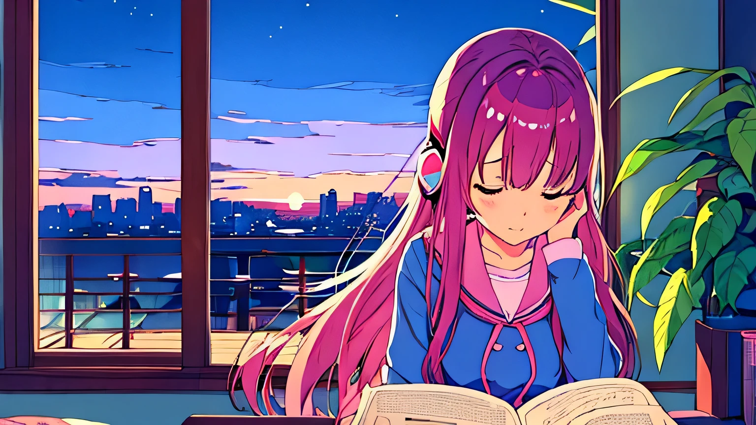 city pop、girl、anime、night view、Cat、relax、You can see the townscape from the window、Wearing headphones、night viewを眺めている、The wind is blowing、inside the room、dim、indirect lighting、reading a book、Foliage plant