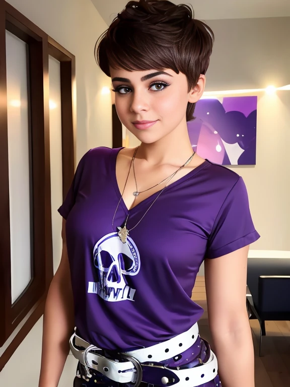 Photo of a 15-year-old European girl, RAW, beautiful woman, pecas en mejillas y nariz ,hermosos  ojos azules(Light brown hair pixie haircut),corte de cabello pixie ((retrato)), ((Cara detallada:1.2)), ((Detailed facial features)), (Piel finamente detallada) ,lindo maquillaje, Purple eyeshadows on eyelids (cool color), (Masutepiece) (proporciones perfectaotos realistas)(La mejor calidad), NffSW, (8k) (papel tapiz) (cinematic lighting) (Dramatic lighting) (sharp focus) (Enrevesado) , fondo variado , linda sonrisa, cuerpo completo, hermoso cuerpo ,  gargantilla negra , aretes en forma de clip, wears a purple t-shirt with a skull image, white belt, lilac skirt with checkered images, long boots with heel , foto de cuerpo completo , hermosa sonrisa 