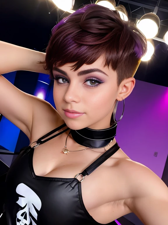 Photo of a -yeld Euean girl, RAW, beautiful woman, pecas en mejillas y nariz ,hermosos ojos azules(Light brown hair pixie haircut),corte de cabello pixie ((retrato)), ((Cara detallada:1.2)), ((Detailed facial features)), (Piel finamente detallada) ,lindo maquillaje, Purple eyeshadows on eyelids (cool color), (Masutepiece) (proporciones perfectaotos realistas)(La mejor calidad), NffSW, (8k) (papel tapiz) (cinematic lighting) (Dramatic lighting) (sharp focus) (Enrevesado) , fondo variado , linda sonrisa, cuerpo completo, hermoso cuerpo , gargantilla negra , aretes en forma de clip, wears a purple t-shirt with a skull image, white belt, lilac skirt with checkered images, long boots with heel , foto de cuerpo completo , hermosa sonrisa