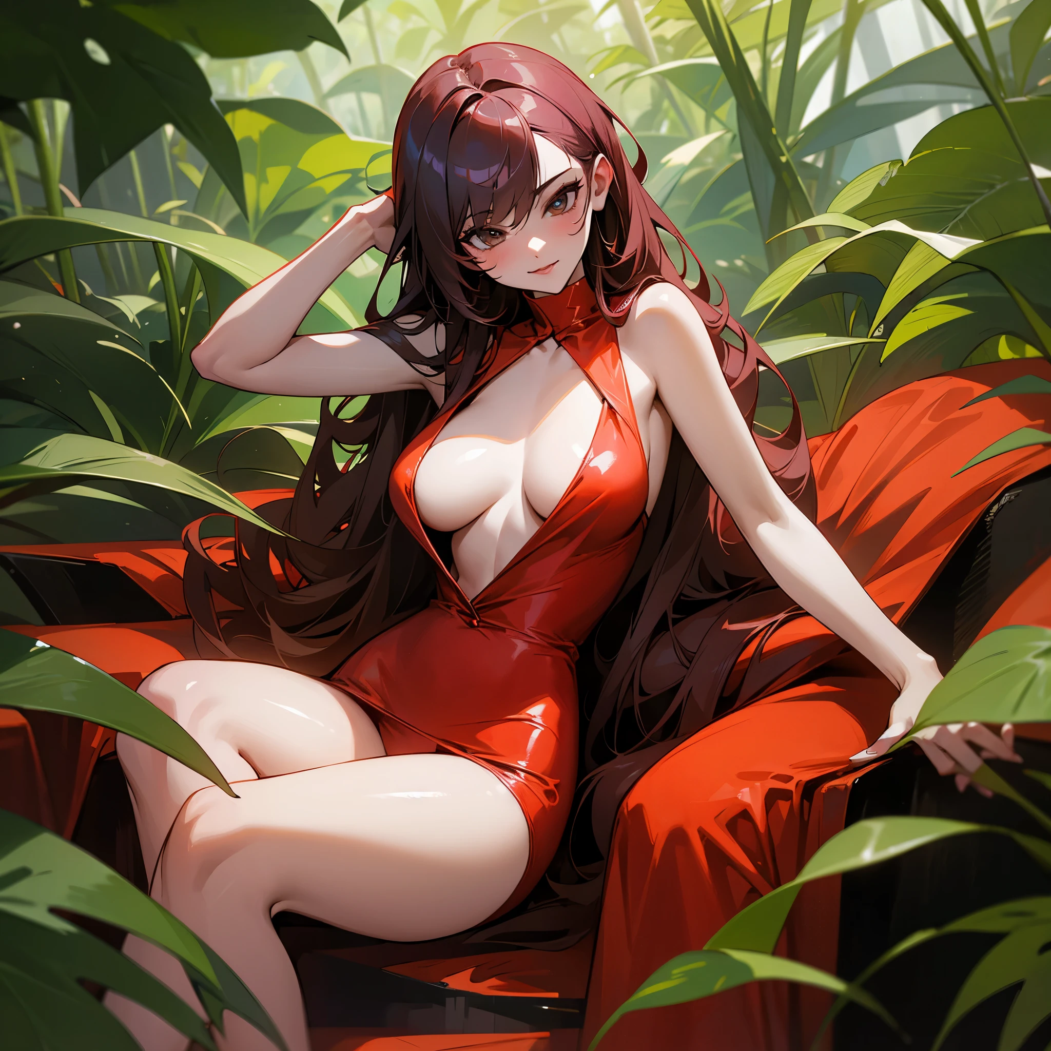 A hot girl age 30, bathing in jungle, attractive body, seductive pose, wearing hot dress red color