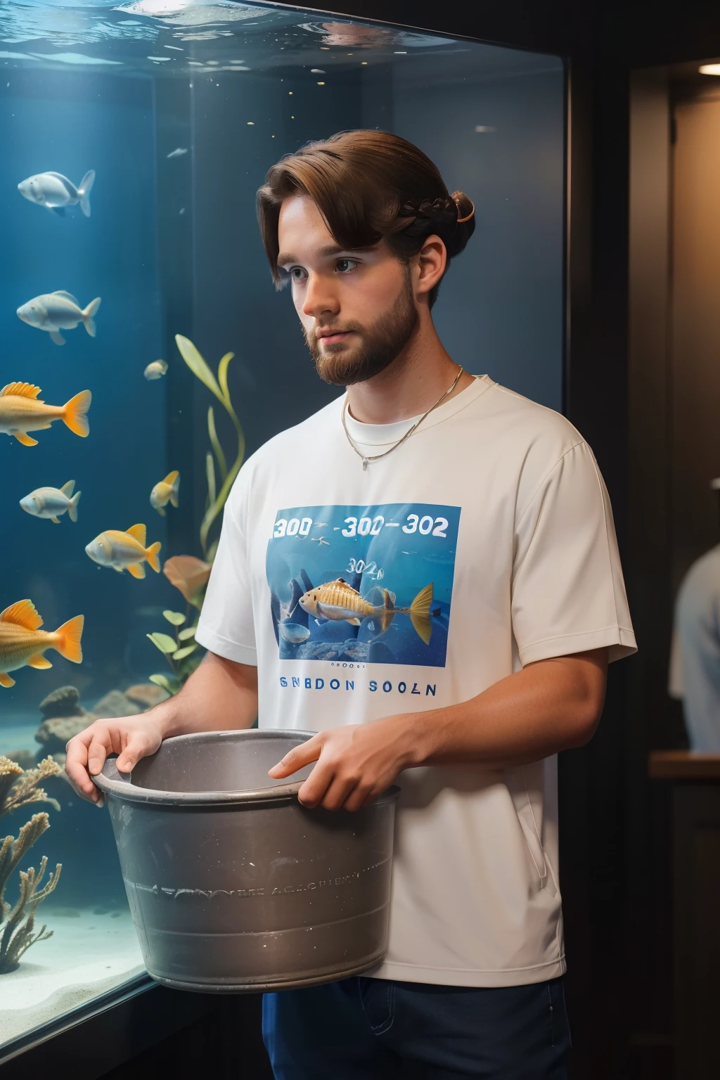 Sowell Bay, Washington, 2023. A young ((((30-year-old)) Cameron Cassmore)), working in the acuarium museum, carrying a big bucket, ((frustrated expression)), looking away, ((((casual clothings from the 2020s)))), ((hairstyle of the 2020s))