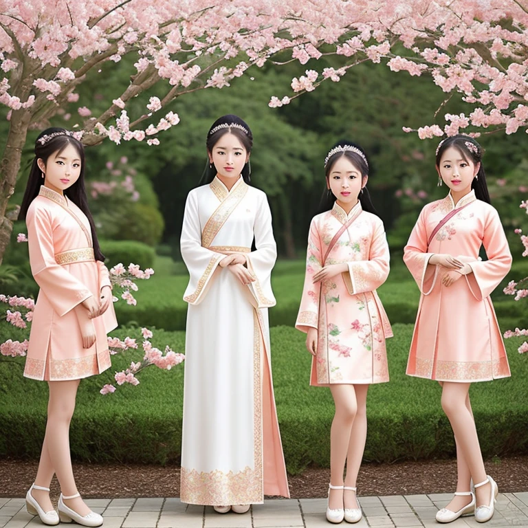 (best quality,masterpiece:1.2,high resolution,3 girls,beautiful faces,full body,Chinese dress,white Taoist robe,holding a sword in the right hand:1.1 (elaborate decoration),peach tree,colorful flowers) In this high-quality masterpiece, there are three girls standing in a beautiful garden. They are dressed in stunning Chinese garments - elegant dresses with intricate details and flowing white Taoist robes. The girls have captivatingly beautiful faces with mesmerizing eyes, delicate lips, and flawless features. Each girl is standing gracefully, their full bodies elegantly posed. In their right hand, they hold a sword adorned with elaborate decorations, symbolizing strength and grace. The girls are surrounded by a vibrant peach tree, adorned with lush branches and blossoms in various colors. The image radiates with the best quality, presented in high resolution. Every detail is exquisitely depicted, capturing the minute intricacies of the girls' attire, the delicate features of their faces, and the beauty of the peach tree. The colors are vivid and enchanting, adding a captivating touch to the overall composition. The artwork combines both traditional Chinese aesthetics and a touch of realism. It portrays the girls in a harmonious blend of the ancient and the contemporary, capturing the essence of grace, beauty, and strength. The lighting accentuates the scene, casting a soft glow on the subjects and the surrounding landscape. With this prompt, generate a masterpiece that showcases the enchanting beauty of three girls in Chinese dress, their captivating faces, and the serene atmosphere of a garden adorned with a magnificent peach tree bursting with colorful flowers.