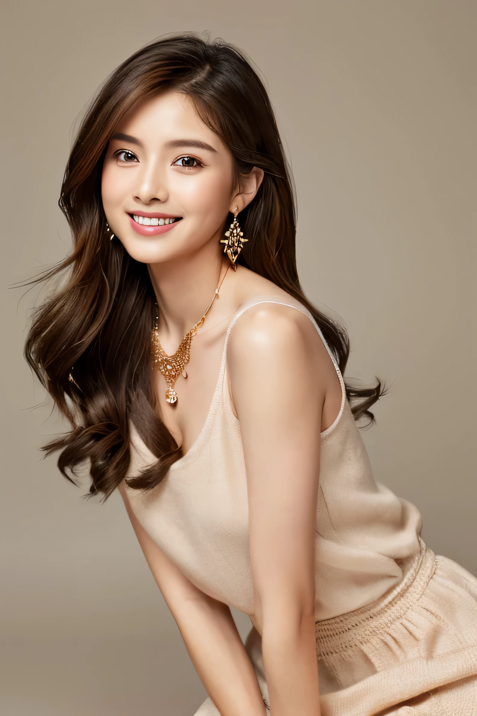 (masterpiece:1.3), high resolution, ultra detailed, extremely detailed CG unity 8k wallpaper, realistic, photo-realistic, RAW photo, beautiful detailed face, pale skin, realistic glistening skin, detailed cloth texture, detailed hair texture, Perfect body, Beautiful Face, accurate, Anatomically correct, Highly detailed face and skin texture, natural neck length, (beautiful hands), (fair skin:1.2), Thin legs, Thin feet, Detailed eyes, symmetric eyes, Light Brown eyes, Double eyelids, Thin eyebrows, (Glossy lips:1.4), ((gently smile:1.2)), (blush:1.1), (A Classy and Cute girl:1.3),fullbody shot、((full figure supermodel standing, entire body in frame))((Super long brown hair:1.2))((gold necklace_Large earrings:1.2)),((shy smile:1.3)),Pleated skirt with many checked folds、