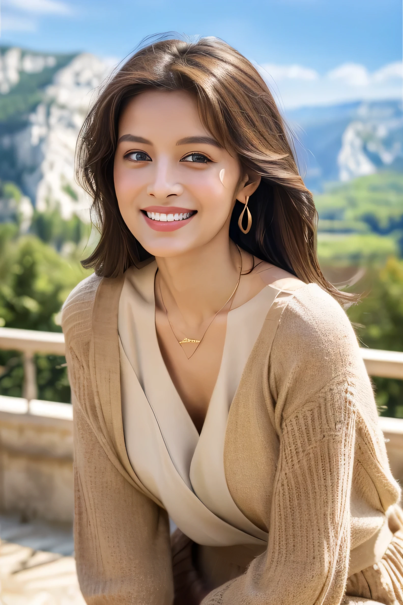 (masterpiece:1.3), high resolution, ultra detailed, extremely detailed CG unity 8k wallpaper, realistic, photo-realistic, RAW photo, beautiful detailed face, pale skin, realistic glistening skin, detailed cloth texture, detailed hair texture, Perfect body, Beautiful Face, accurate, Anatomically correct, Highly detailed face and skin texture, natural neck length, (beautiful hands), (fair skin:1.2), Thin legs, Thin feet, Detailed eyes, symmetric eyes, Light Brown eyes, Double eyelids, Thin eyebrows, (Glossy lips:1.4), ((gently smile:1.2)), (blush:1.1), (A Classy and Cute girl:1.3),fullbody shot、((full figure supermodel standing, entire body in frame))((Super long brown hair:1.2))((gold necklace＿Large earrings:1.2)),((shy smile:1.3)),Pleated skirt with many checked folds、((Beautiful French mountains in the background:1.5)),