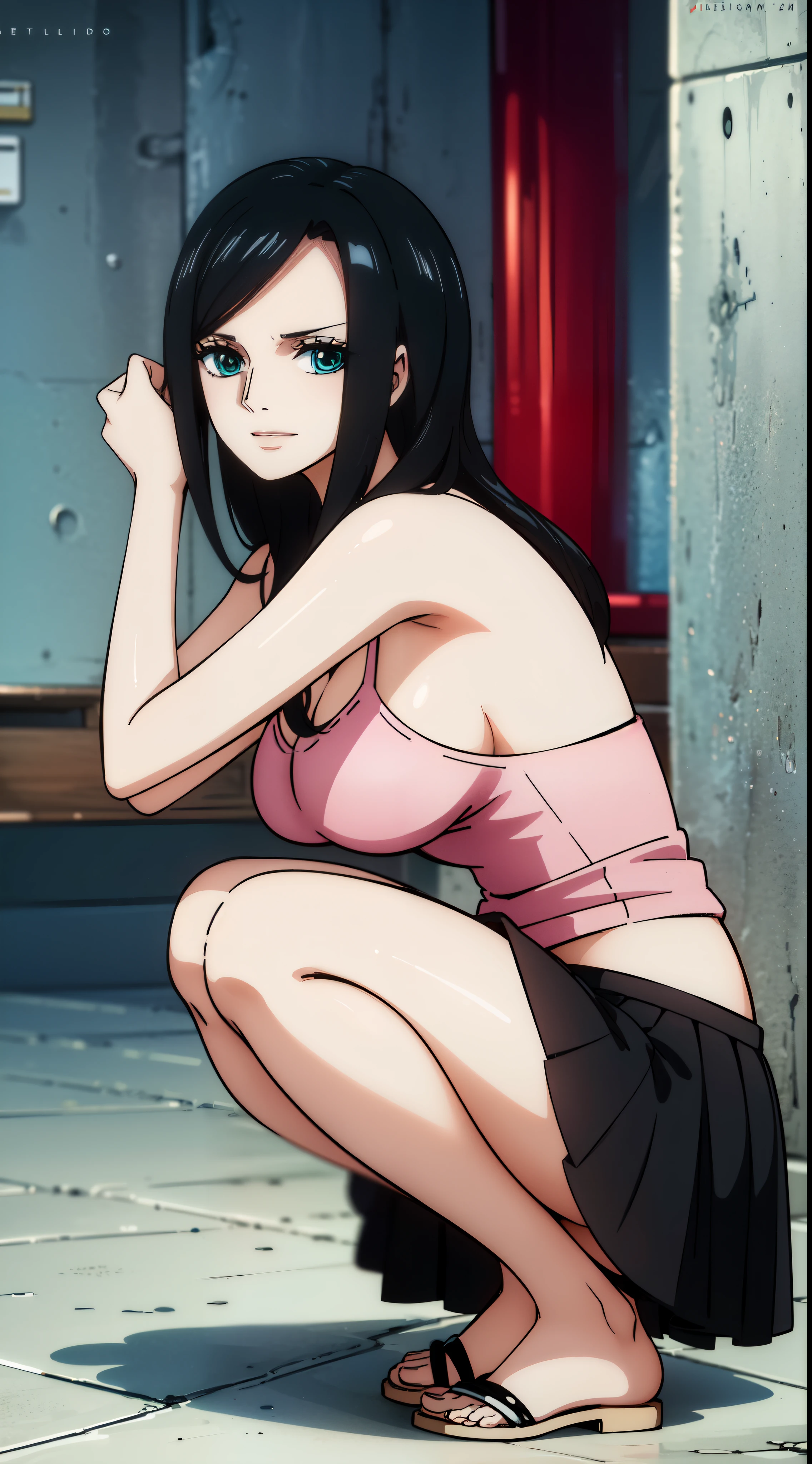 ((masterpiece, Best Quality, high resolution, Perfect Pixel, 8K))), ((1 girl、full body seen))、 ((Bangs、gorgeous black hairs、Nico Robin))、((Gorgeous black eye、Beautiful eyelashes、Realistic blue coloured eyes))、 ((Detailed face, Blushing:1.2))、((Smooth texture:0.75, Realistic texture:0.65, Photorealistic:1.1))、Dynamic Angle、(perfectly insanely detailed eyes、glistening sweat、boushed face、happy face、laughing happily、pink cheeks、((wearing salmon sarong skirt、pink top、Squatting in the ship floor、background ocean、hands holding back on the hair、showing armpits))、tounge out mouth open、licking、ultra realistic eyes、ultra insanely detailed eyes、talking to audience happily、(beautiful portrait、ultra high definition、 insanely detailed face、ultra high quality、ultra high clarity)、insanely detailed dress、curvy body、white skin、best clarity、ultra highest resolution、8k resolution、beautiful smile、beautiful eyelashes、gorgeous face、gorgeous representation of a face、perfect body、erotic look on face、dynamic lightning、(innocent big eyes)、Bright_Front_face_Lighting、shiny skin、Full body shot、