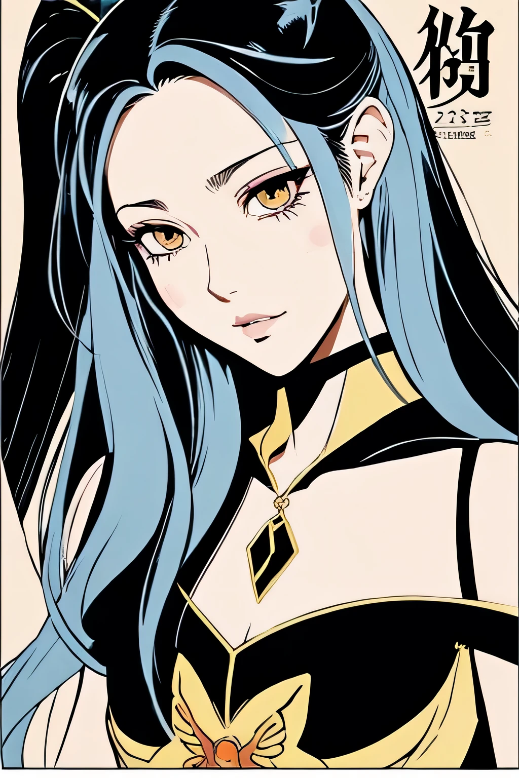 best quality, exquisite, woman, , thinking, determined, intelligent, bored, neutral, serious expression, looking at viewer, long hair, long hair, center part, shiny hair, forehead, black hair, black eyes, tsurime, wide-eyed, fair skin, pale skin, headshot, anime, 2d anime, character design references, manga, cel anime, an anime poster, kawaii, dark academia, cat and butterfly  tattoo on shoulder, anime, cel anime, cartoon, 2d anime, minimalist cartooning, an anime poster, manga,no background, flat background