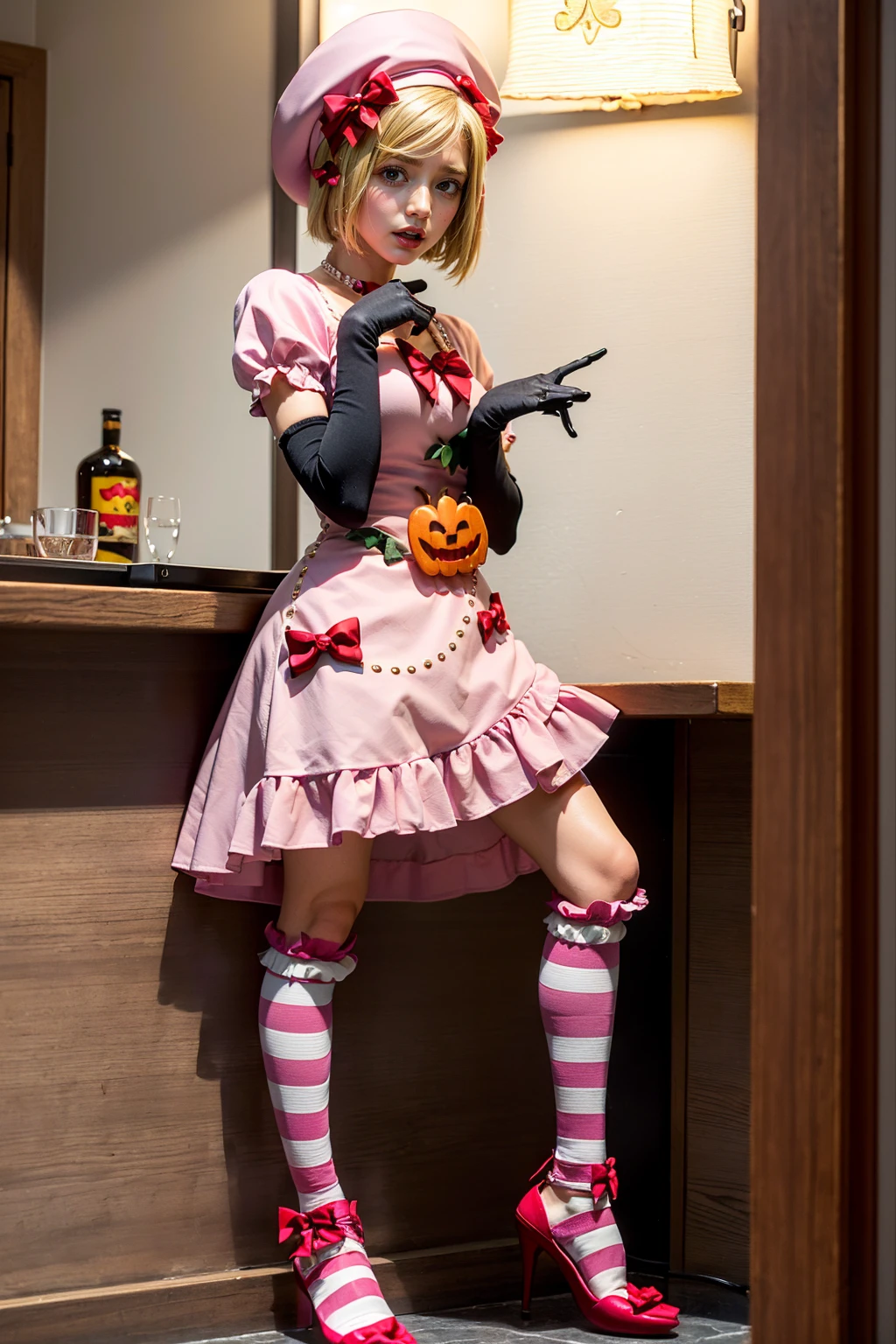 (1 lady), The beautiful, (Best quality at best:1.4), (ultra - detailed), (extremely detailed CG unified 16k), gold blonde hair, very detailed, High-definition RAW color photo, professional photoshooting, amazing face and eyes, cosmetics, (amazingly beautiful girl), ((lambdadelta)), ((dress, shoes bow, red shoes, striped stockings, red bow, pink hat, necklace, gloves, pearl, pumpkin brooch, pink dress)), sitted, (spread your legs), sexyposture,(Dark and stylish bar, drinks, lamp lights, lamp lights饰:1.3), (look from down)