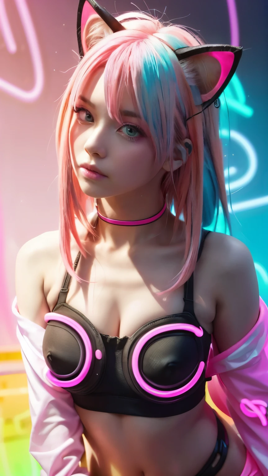 masterpiece, highest quality, Photorealistic, 4K, bokeh, enlightenment, (1 perfect portrait of a girl), (A fascinating eye for perfect detail), colorful hair, (gradient hair), (neon pink hair:1.6), (Cat ear:1.2), Slim and tall body type, fantasy background, {exposed bare shoulders}, {long-term alienation_sleeve}, {lean forward a little}, If you look up, hair ornaments, {shy} , Little head tilt, , movie lighting, oversized clothes, ((seductive pose)), (neon pink background:1.6)