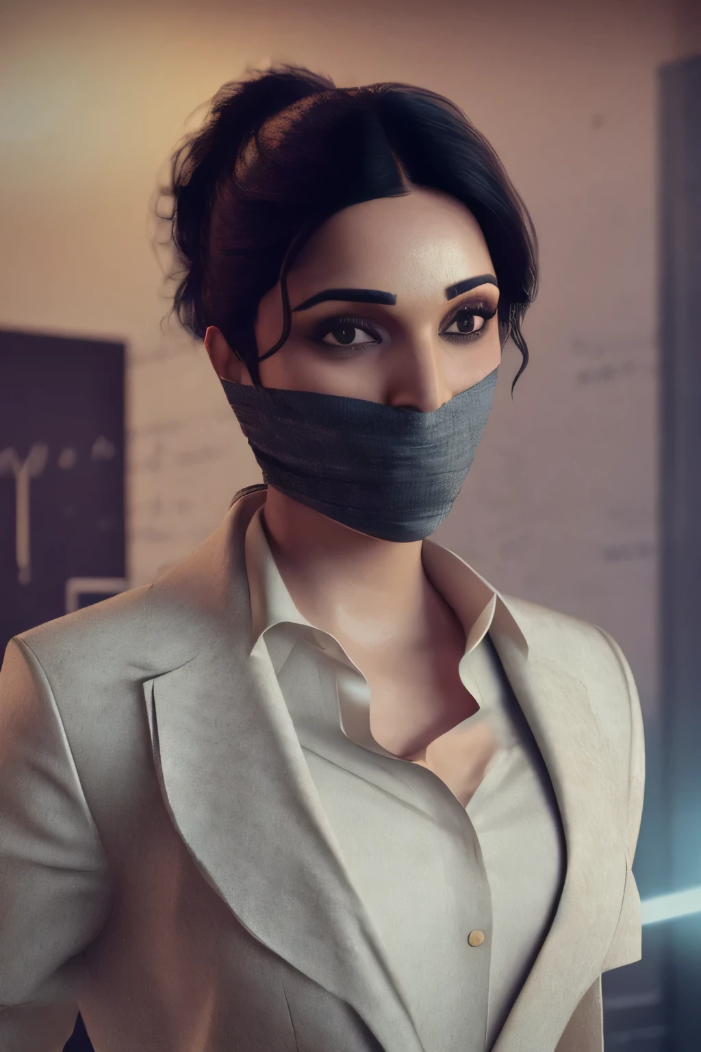 a women kiara  wearing a tie, gagged , cupcake in her hands, school, indoors, (soothing tones:1.25), (hdr:1.25), (artstation:1.2), dramatic, (intricate details:1.14), (hyperrealistic 3d render:1.16), (filmic:0.55), (rutkowski:1.1), (faded:1.3)