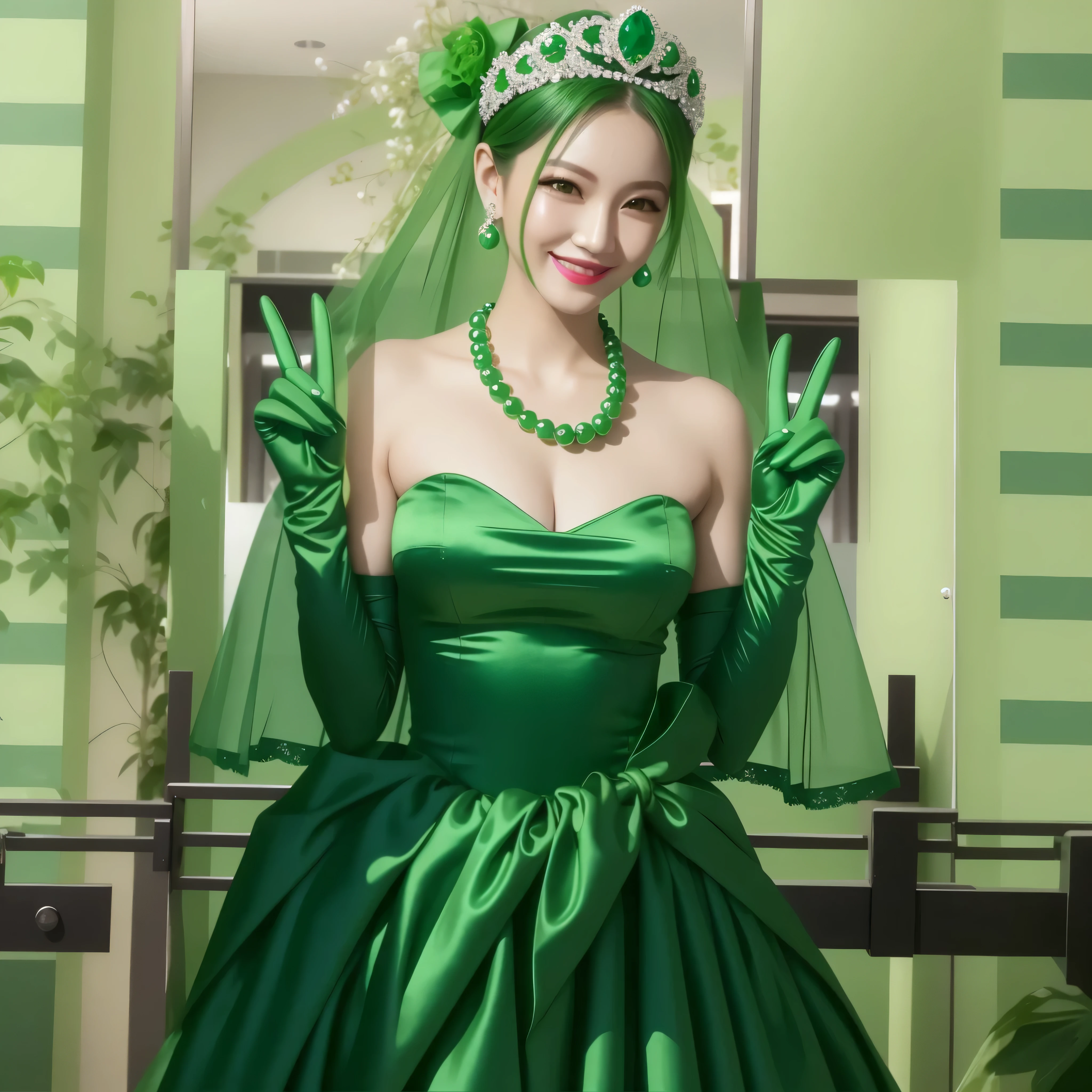 emerald tiara, green pearl necklace, boyish very short green hair, green lips, smiling Japanese woman, very short hair, Beautiful woman with big breasts, green eyes, green satin long gloves, green eyes, emerald earrings, green veil, Heart with both hands, green hair, beautiful japanese woman, V sign, green lip gloss