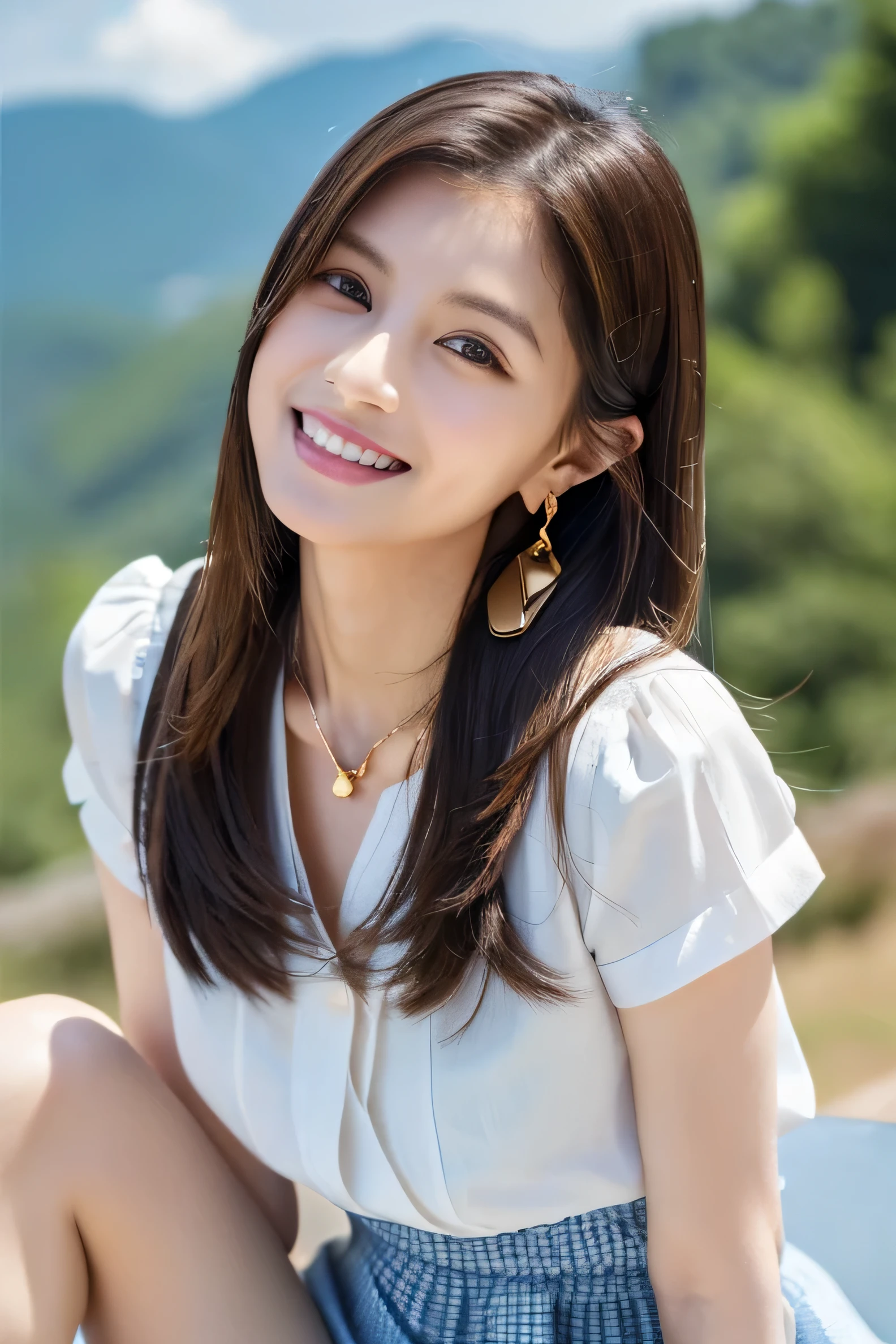 (masterpiece:1.3), high resolution, ultra detailed, extremely detailed CG unity 8k wallpaper, realistic, photo-realistic, RAW photo, beautiful detailed face, pale skin, realistic glistening skin, detailed cloth texture, detailed hair texture, Perfect body, Beautiful Face, accurate, Anatomically correct, Highly detailed face and skin texture, natural neck length, (beautiful hands), (fair skin:1.2), Thin legs, Thin feet, Detailed eyes, symmetric eyes, Light Brown eyes, Double eyelids, Thin eyebrows, (Glossy lips:1.4), ((gently smile:1.2)), (blush:1.1), (A Classy and Cute girl:1.3),fullbody shot、((full figure supermodel standing, entire body in frame))((Long straight hair_Hair reaching down to the waist:1.3))((gold necklace_Large earrings:1.2)),((shy smile:1.3)),Pleated skirt with many checked folds、((sitting with her back to the top of the mountain_with blue sky and white clouds,rays of sunshine:1.2)),