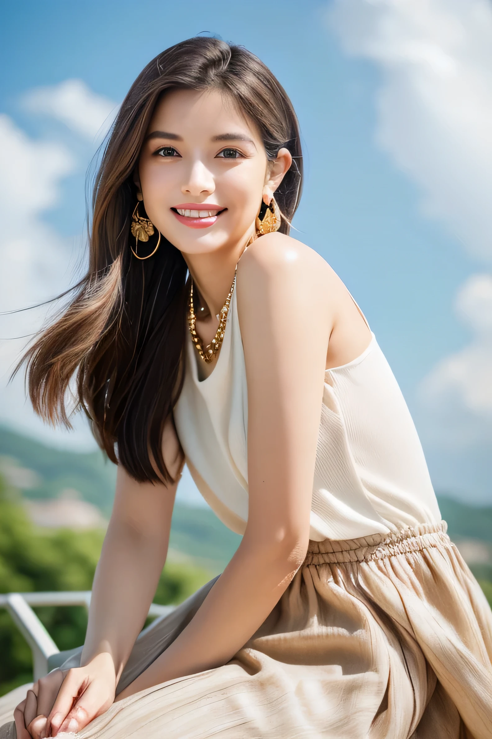 A nice and cute girl，Full body photo，Extremely beautiful and delicate，Black color hair，A sweet smile，Delicate and beautiful fair skin，Realistic and realistic，nude, naked, Detailed depiction of the face，tall nose bridge，Smooth hair，extremely detail hair，Feminine temperament，Fill your face light，Tall and tall，Thin，Realiy，Hyper-realism，full body shot shot，Forward tilt angle,Extreme picture quality,Highest precision,Precise and perfect human anatomy。with blue sky and white clouds，Sitting on the Steppe，with blue sky and white clouds，rays of sunshine，cattle and sheep，(White chiffon skirt)Panties are clearly visible. telephoto shot，Express the landscape，Highlight portrait。