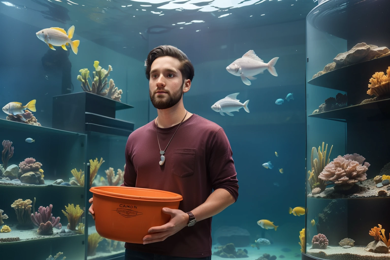 Sowell Bay, Washington, 2023. A young ((((30-year-old)) Cameron Cassmore)), working in the acuarium museum, carrying a big bucket, ((frustrated expression)), looking away, ((((casual clothings from the 2020s)))), ((hairstyle of the 2020s))