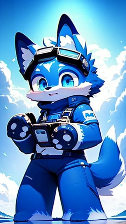 "A solitary wolf with blue fur and a white tail, standing in a surreal landscape of imprressionist style, illuminated by soft natural lighting. The wolf has a fur pattern resembling the clouds and is wearing ski goggles on its head. Its eyes are blue. Its fur is extremely detailed. The atmosphere of the image is enhanced by a hazy blue color scheme."