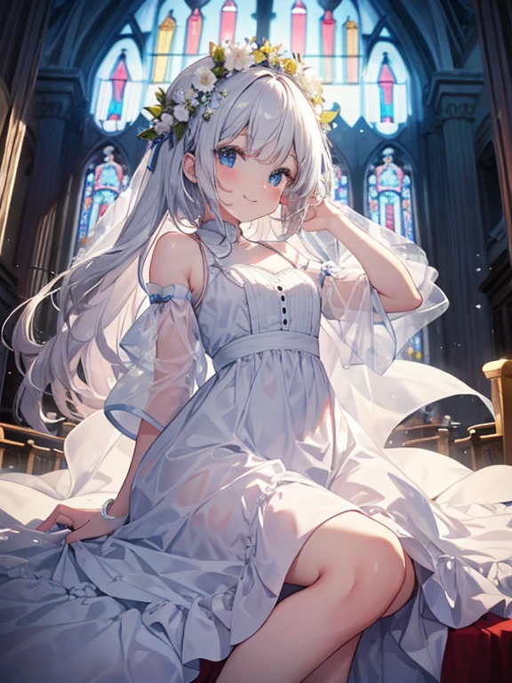 masterpiece、highest quality、8K、cute、Angel、smile、white dress、church、Stained glass、flower crown、shining brightly