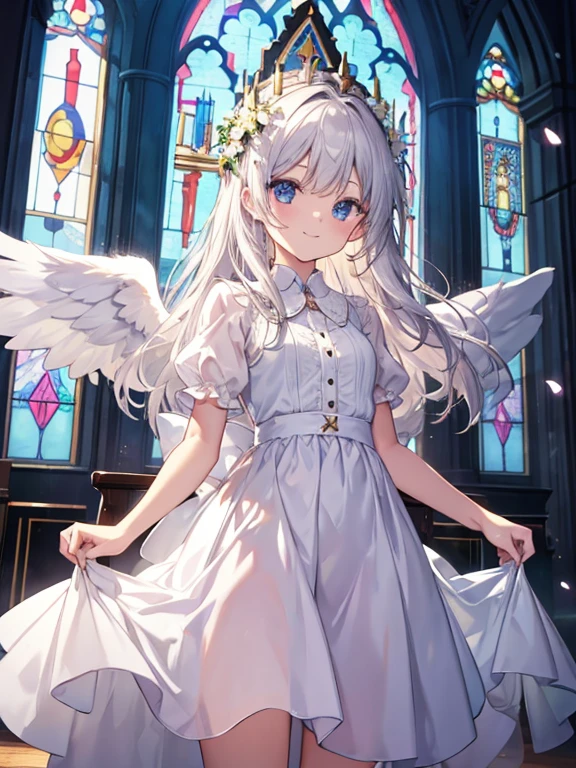masterpiece、highest quality、8K、cute、Angel、smile、white dress、church、Stained glass、flower crown、shining brightly