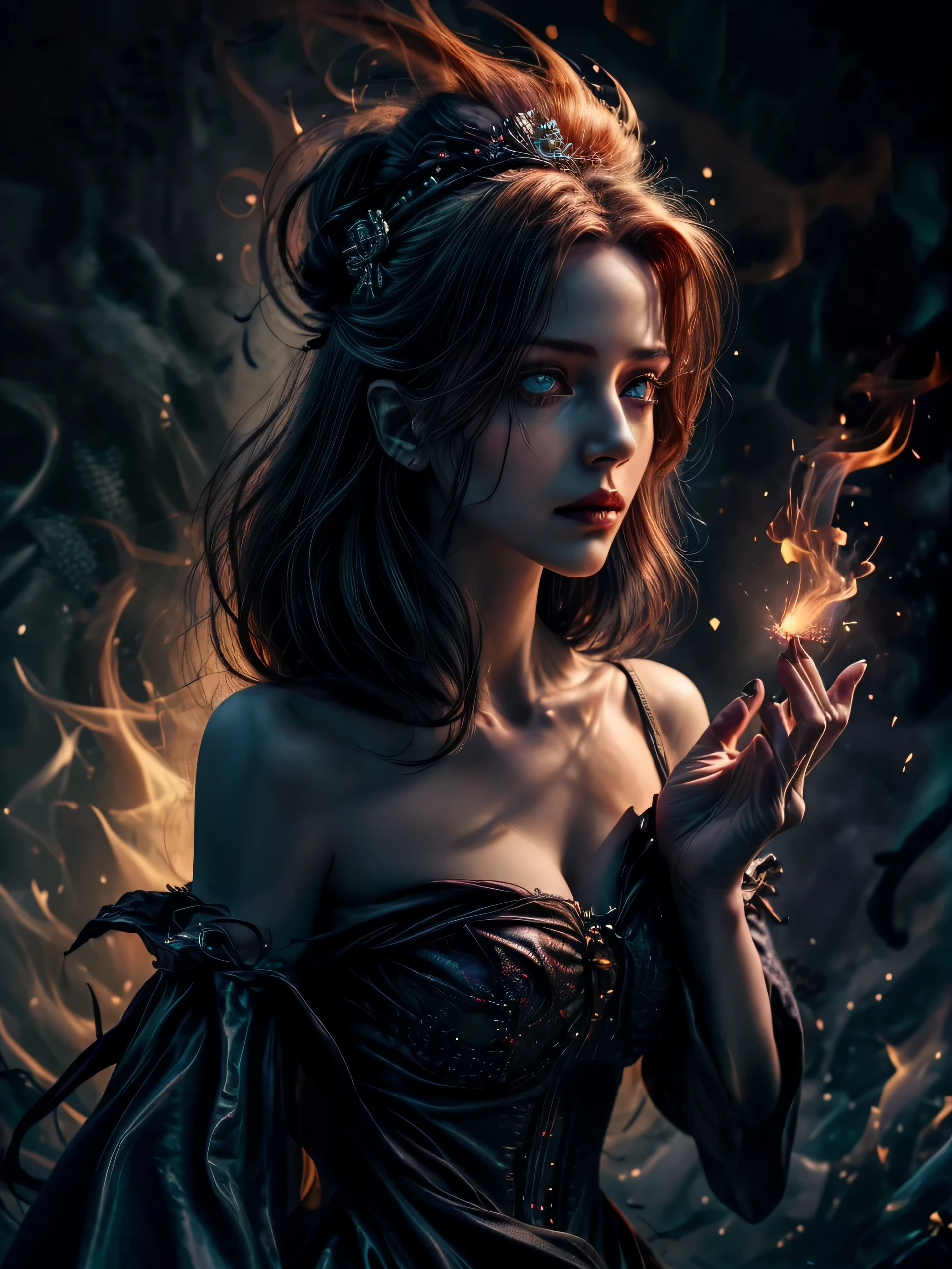 (Masterpiece, best quality, highres:1.3), from side, photorealistic, close-up, 1 goddess of flame, queen of demonic fire, from fantasy novel, feminine appearance, cleavage, detailed hair strands, delicate face, glowing red eyes, furious gaze, fully dressed in elegant gothic dress with fire effect, fire diadem, immense fire spell, blazing flame on hand, fire storm, flame spark, fire realm, ((surrealistic detail))