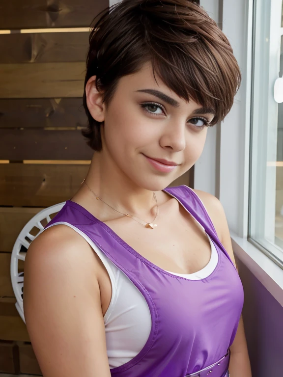 Photo of a -yeld Euean girl, RAW, beautiful woman, pecas en mejillas y nariz ,hermosos ojos azules(Light brown hair pixie haircut),corte de cabello pixie ((retrato)), ((Cara detallada:1.2)), ((Detailed facial features)), (Piel finamente detallada) ,lindo maquillaje, Purple eyeshadows on eyelids (cool color), (Masutepiece) (proporciones perfectaotos realistas)(La mejor calidad), NffSW, (8k) (papel tapiz) (cinematic lighting) (Dramatic lighting) (sharp focus) (Enrevesado) , fondo variado , linda sonrisa, cuerpo completo, hermoso cuerpo , gargantilla negra , aretes en forma de clip, wears a purple t-shirt with a skull image, white belt, lilac skirt with checkered images, long boots with heel , foto de cuerpo completo , hermosa sonrisa