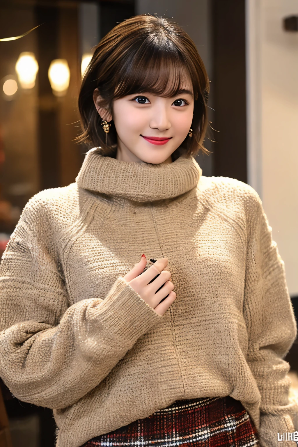 8K、best quality, Nails are being hammered,ultra high resolution:1.2, (lifelike:1.4)、​Masterpiece:1.3、don&#39;t show your breasts、original photo、Small breasts (full-body shot:1.6、side from:0.7)、Medium chest、lifelike眼睛和面部细节:1.3、Double、(Perfect body : 1.1)、(short curly hair : 1.2)、fashion clothing、Lovely winter clothes、Lovely clothes、Plaid skirt、thighs thighs thighs thighs、girl in 1、Lovely、natural skin texture:1.2、 (shy smile)、 :1.2, (Brown Bob hair,Bangs)、Nogizaka、beautiful dark eyes:1.３、The camera is positioned slightly lower、I don&#39;t need a background