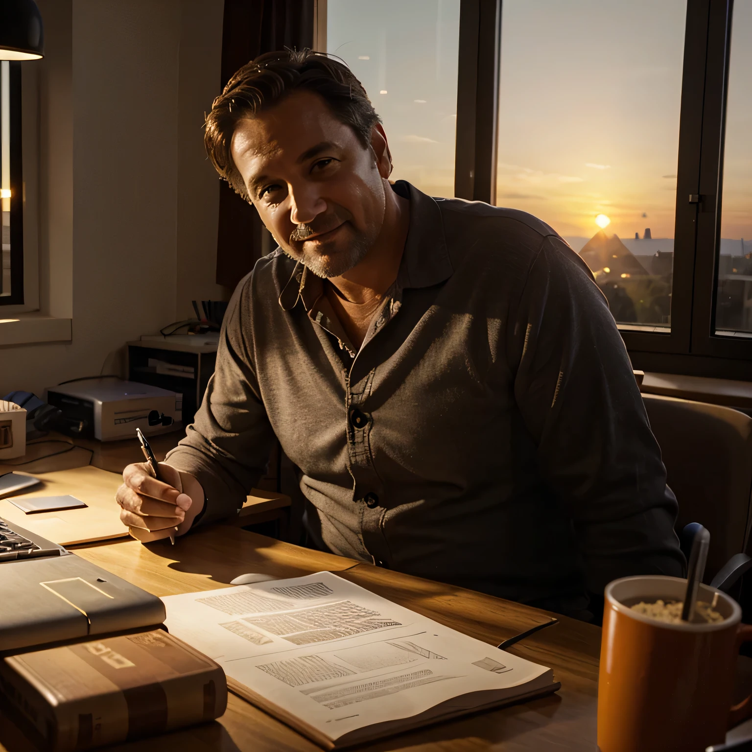 office, middle aged man, happy, working, sunrise, photorealistic