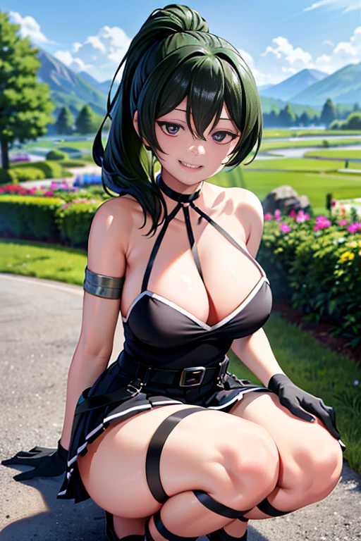 (masterpiece), highest quality, (((super detailed, 8K quality))), expressive eyes, perfect face, perfect anatomy, perfect body, scene, Bruise, long hair, side ponytail, black dress, cleavage, belt, arm strap, one elbow glove, thigh strap, outdoor, path, Mountain, null, squat, flower garden, Upper body, grin and laugh、Beautiful quality