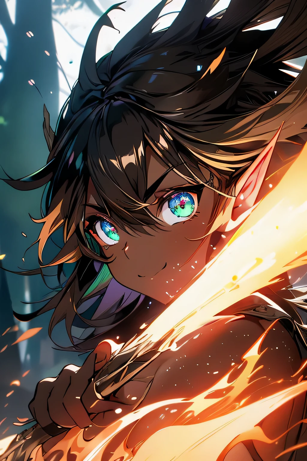 Shining green eyes、((((darkelf))))、Glows green、(((((brown skin)))))、(((dark、elf)))、Hunter's uniform 、(black hair )、Deep in the forest in the background、