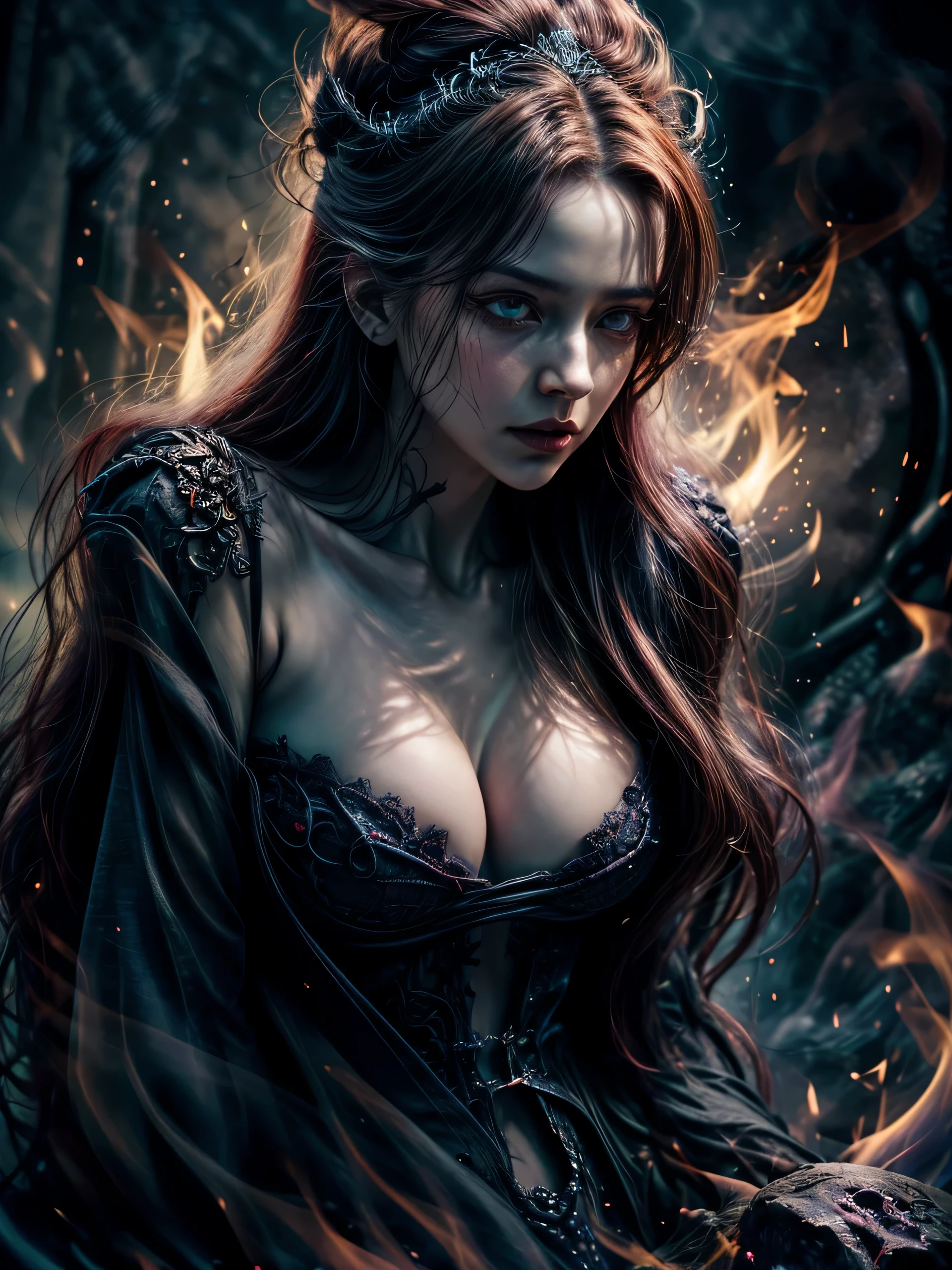 (Masterpiece, best quality, highres:1.3), from side, photorealistic, close-up, 1 goddess of flame, queen of demonic fire, from fantasy novel, feminine appearance, cleavage, detailed hair strands, delicate face, glowing red eyes, furious gaze, fully dressed in elegant gothic dress with fire effect, fire diadem, immense fire spell, blazing flame on hand, fire storm, flame spark, fire realm, ((surrealistic detail))