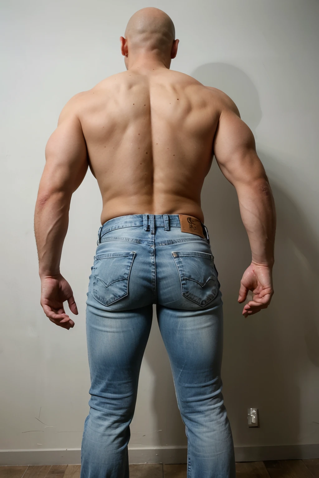 muscular manly man bald with beard, 45 years old, full body bent over with his back turned, naked blue white jeans.