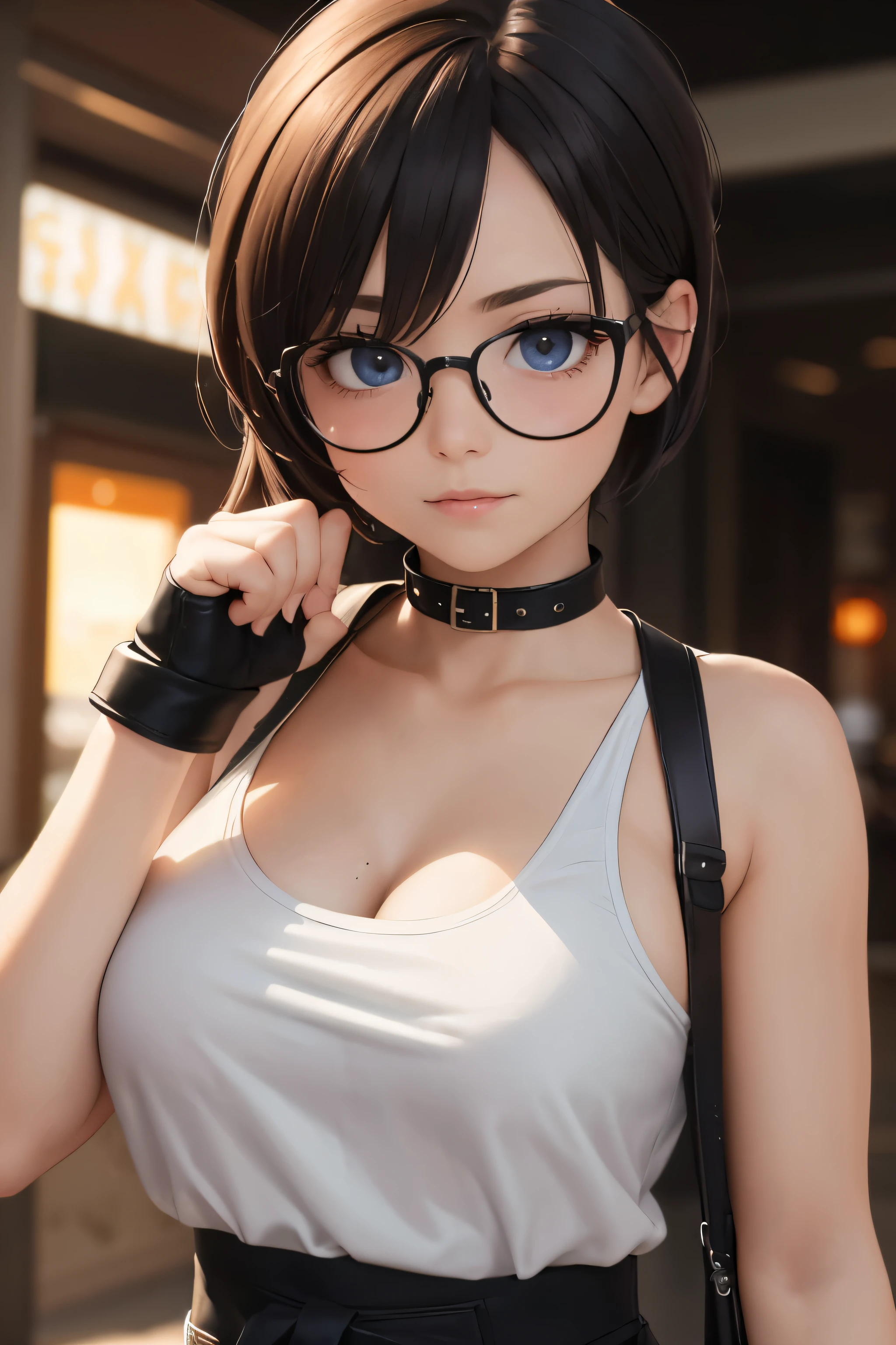Wide angle shot, beautiful female street fighter, wearing large glasses, black undercut hair, wearing large steel knuckles