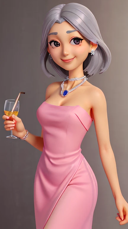 gentle expression、thin eyebrows、smile、Hair color: Gray ash、Pink tube top dress、Diamond Necklace、have a glass、